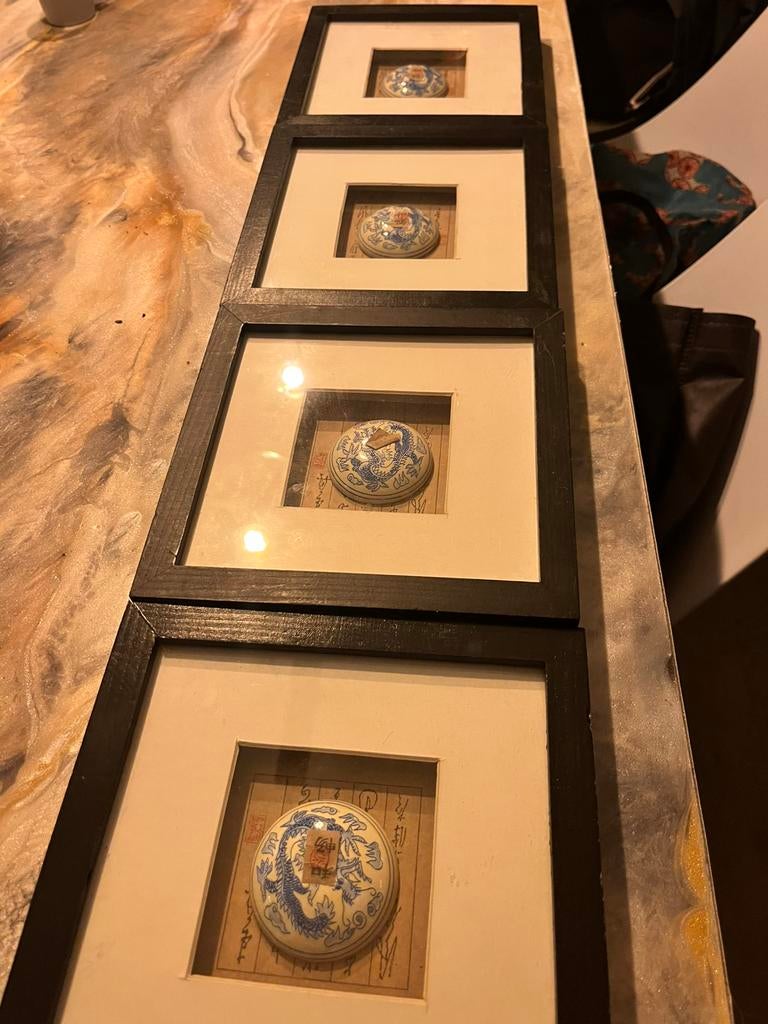 4 Chinese Porseleinen Inktpot Deksels in Lijst Aziatisch, Ophalen, Zo goed als nieuw, Hout, Minder dan 50 cm