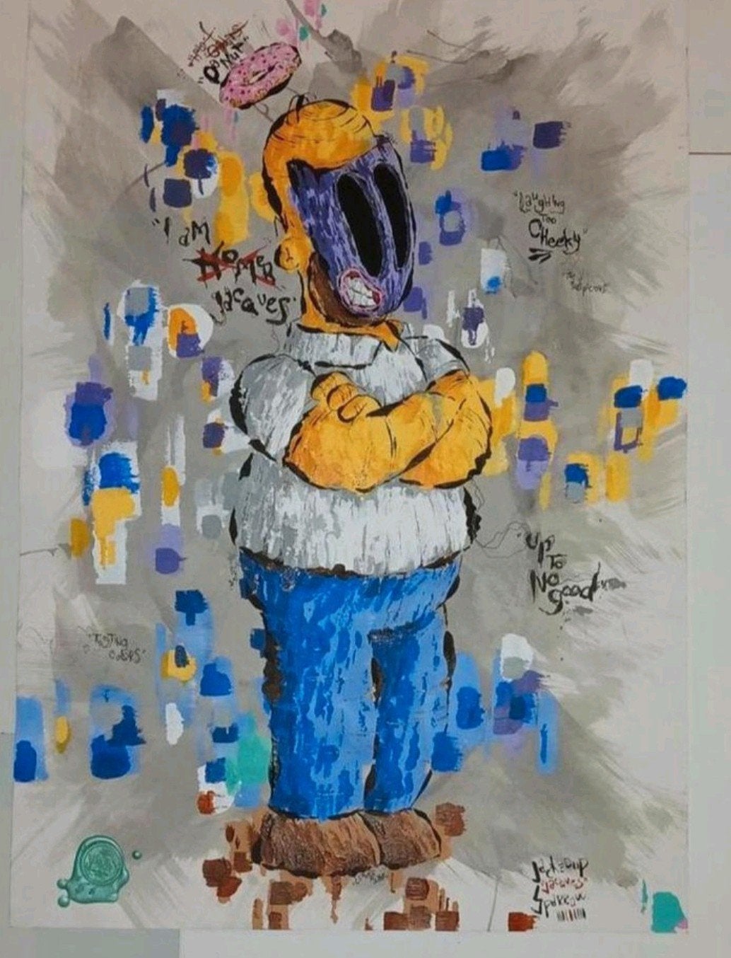 Uniek Pop Art Schilderij Homer Simpson, Acrylverf, Handgeschilderd, Papier/karton, Ophalen of Verzenden