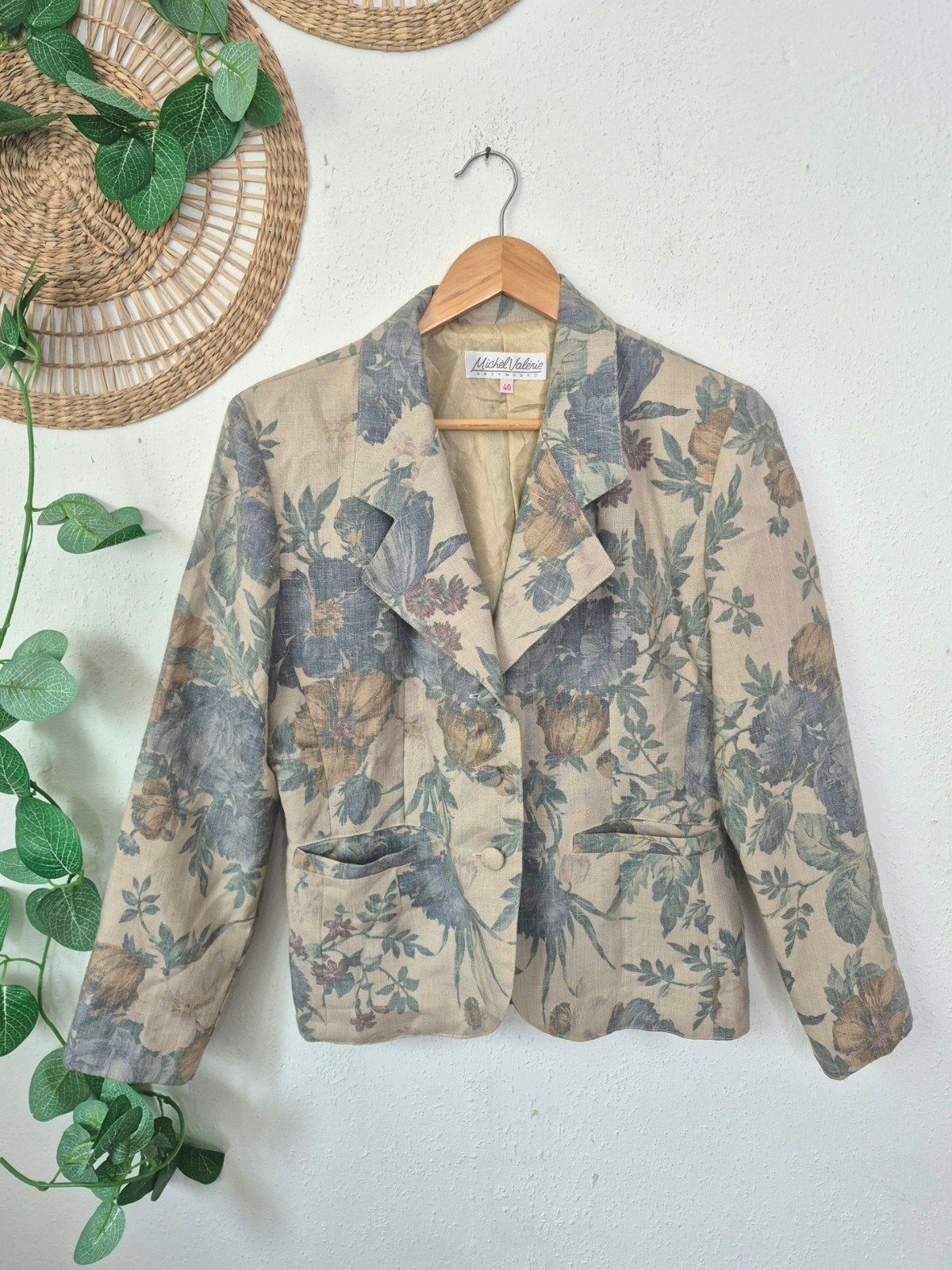 Vintage 90s linnenlook bloemen blazer M, Maat 38/40 (M), Verzenden, Zo goed als nieuw, Vintage