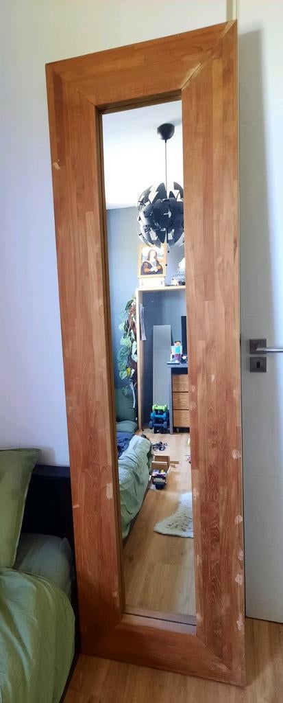 Grote spiegel met zware teak houten omlijsting 200x60, Huis en Inrichting, Woonaccessoires | Spiegels, Ophalen, Zo goed als nieuw