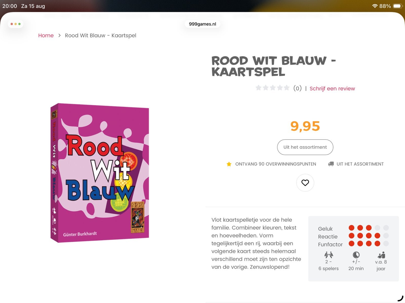 Rood Wit Blauw kaart spel GEZOCHT, Ophalen of Verzenden, Gebruikt, 999 Games