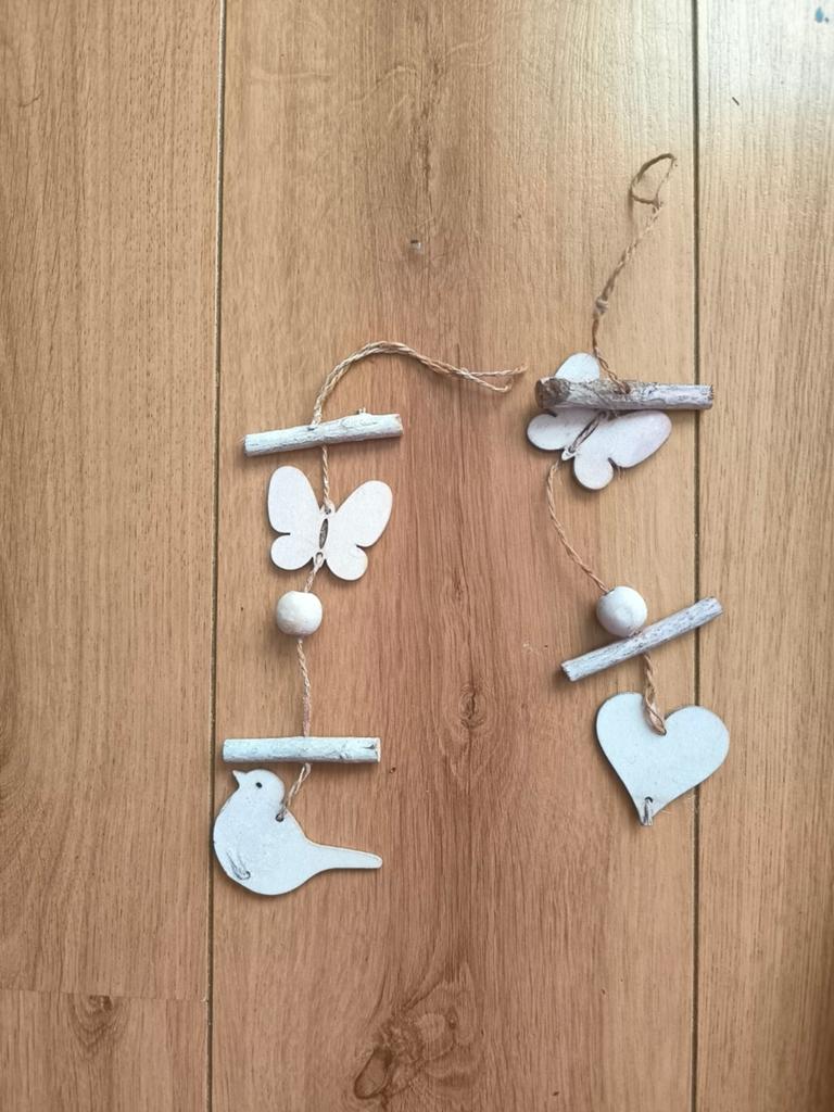 Decoratieve Hangers: Vlinder, Vogel & Hartje, Ophalen, Hout, Wit, Landelijk