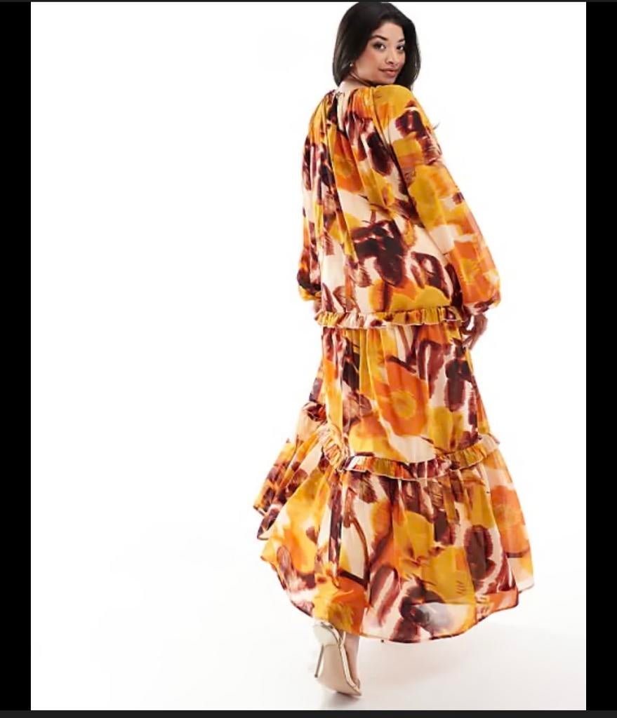 Maxi jurk ASOS met bloemenprint en ruches, Oranje, Ophalen of Verzenden, Zo goed als nieuw, Maat 36 (S)