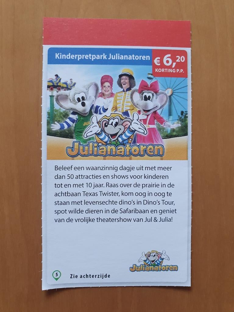 Kinderpretpark Julianatoren €6,20 korting p.p., Drie personen of meer, Kortingskaart