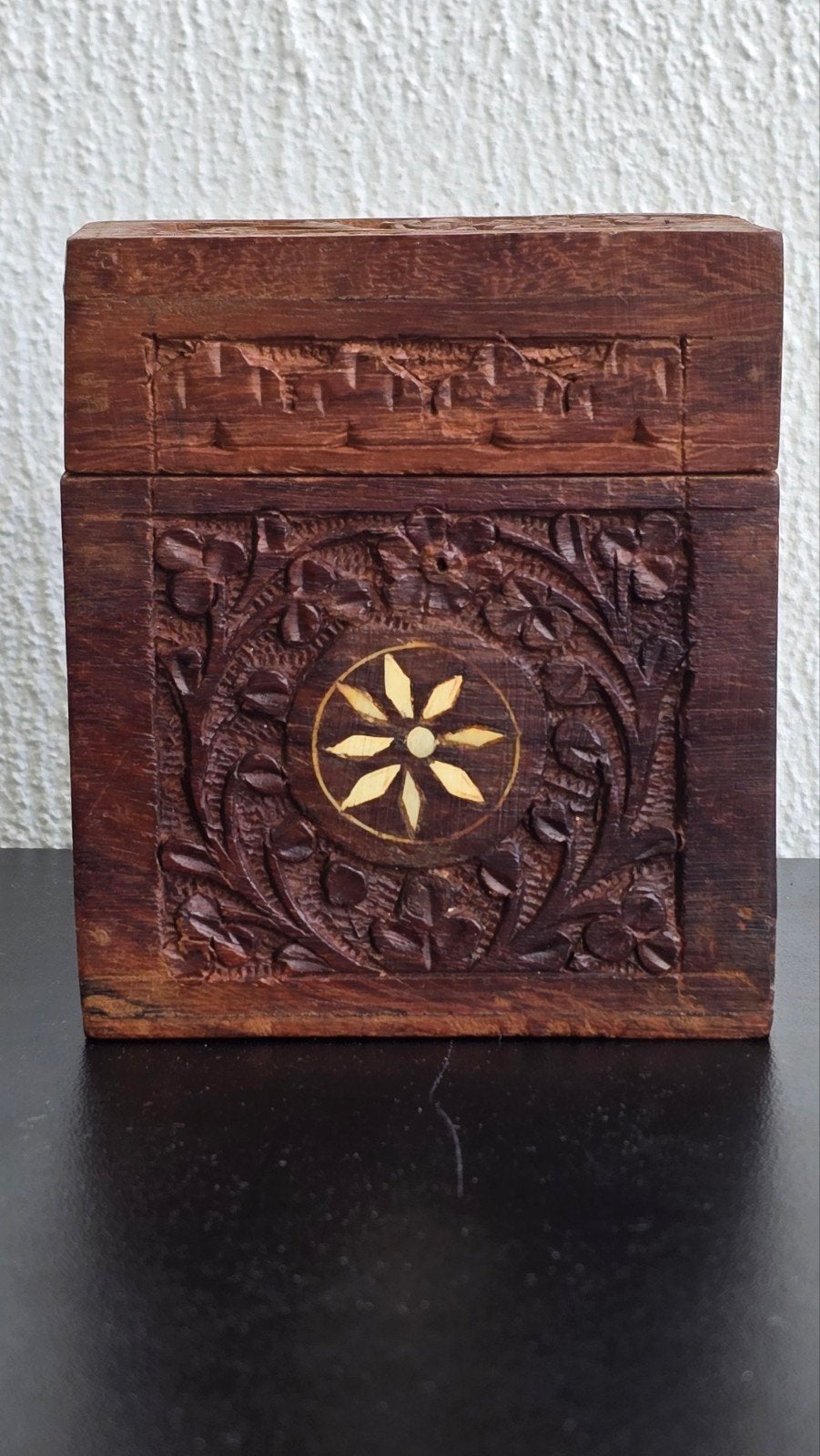 Vintage Handgesneden Houten Kaartendoos – India (10x9 cm), Ophalen of Verzenden