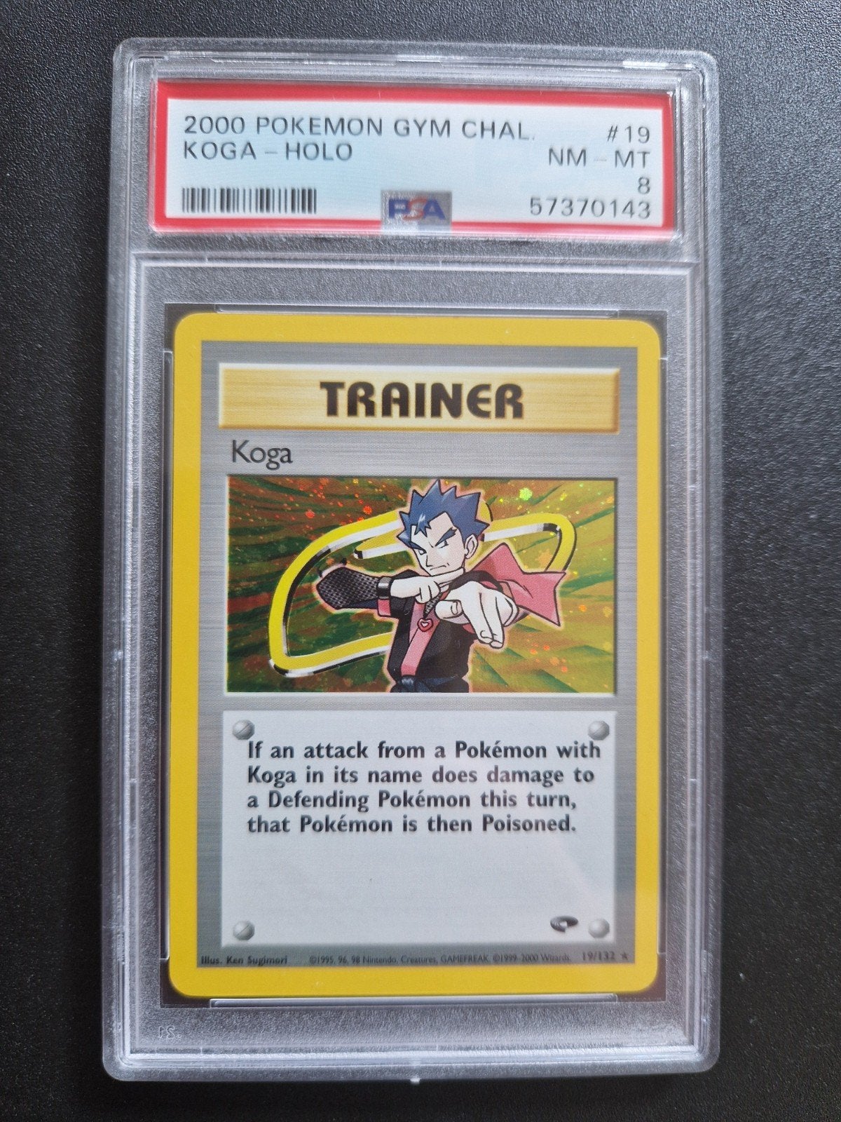 Pokemon Koga Trainer Holo PSA 8 Gym Challenge #19, Ophalen of Verzenden, Zo goed als nieuw, Losse kaart, Foil