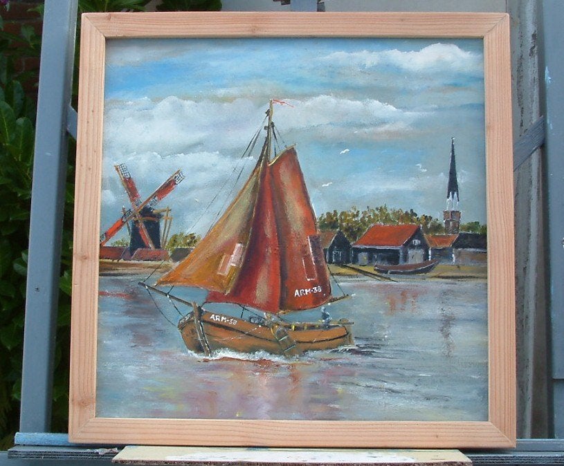 Arnemuiden kanaal  -haven 60 x 60 cm, Maritiem / water, Doek, Ophalen of Verzenden, Gesigneerd