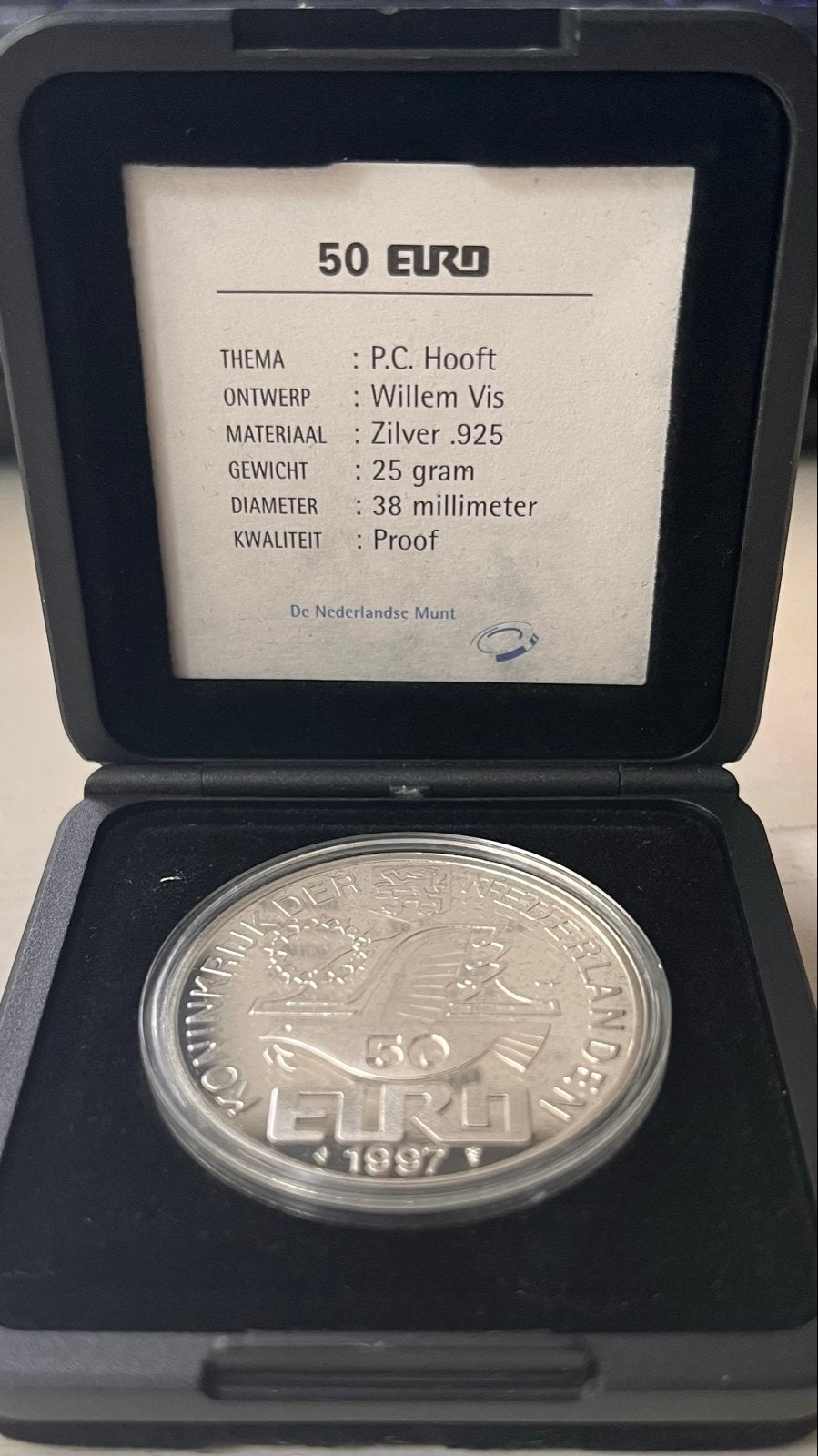Zilveren 50 Euro munt P.C. Hooft 1997 Proof, Verzenden, Koningin Beatrix, Zilver, Euro's