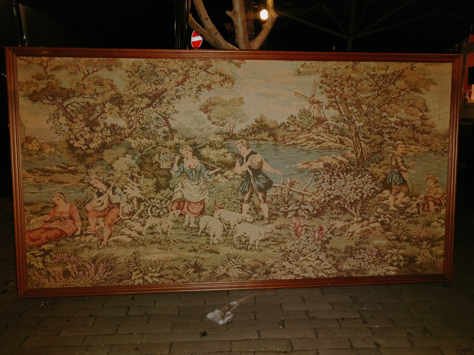 Groot ingelijst wandtapijt met pastorale scène, Antiek en Kunst, Ophalen of Verzenden