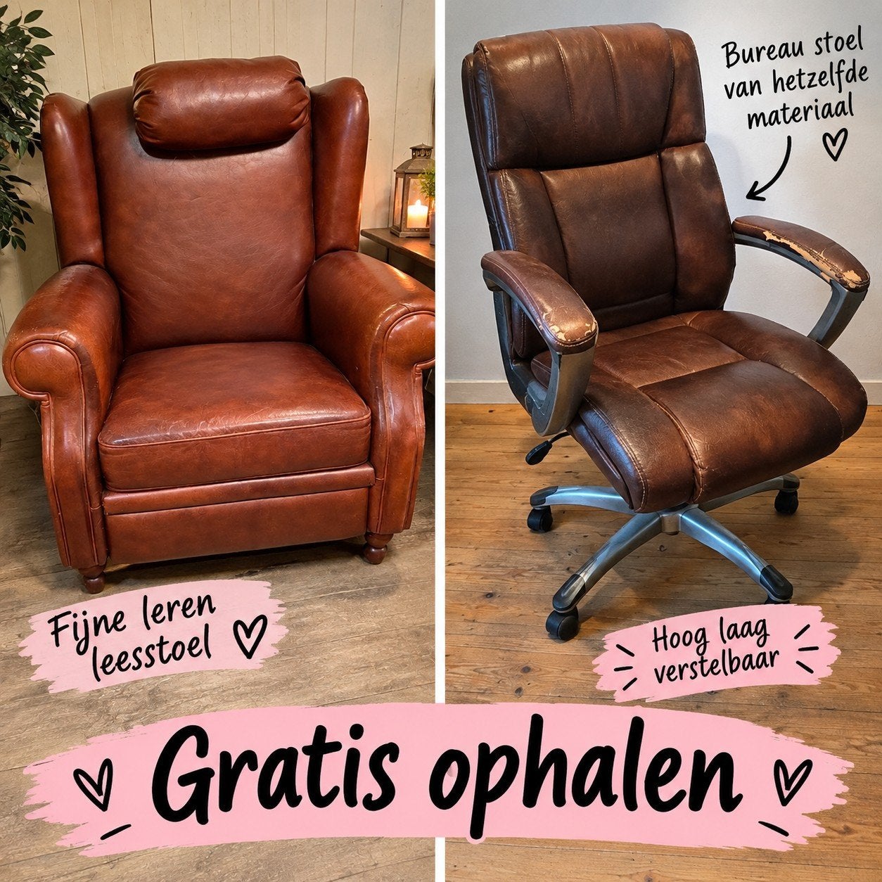 gratis degelijk leren fauteuil onbeschadigd en bureau stoel, Ophalen, Gebruikt, 50 tot 75 cm, Leer
