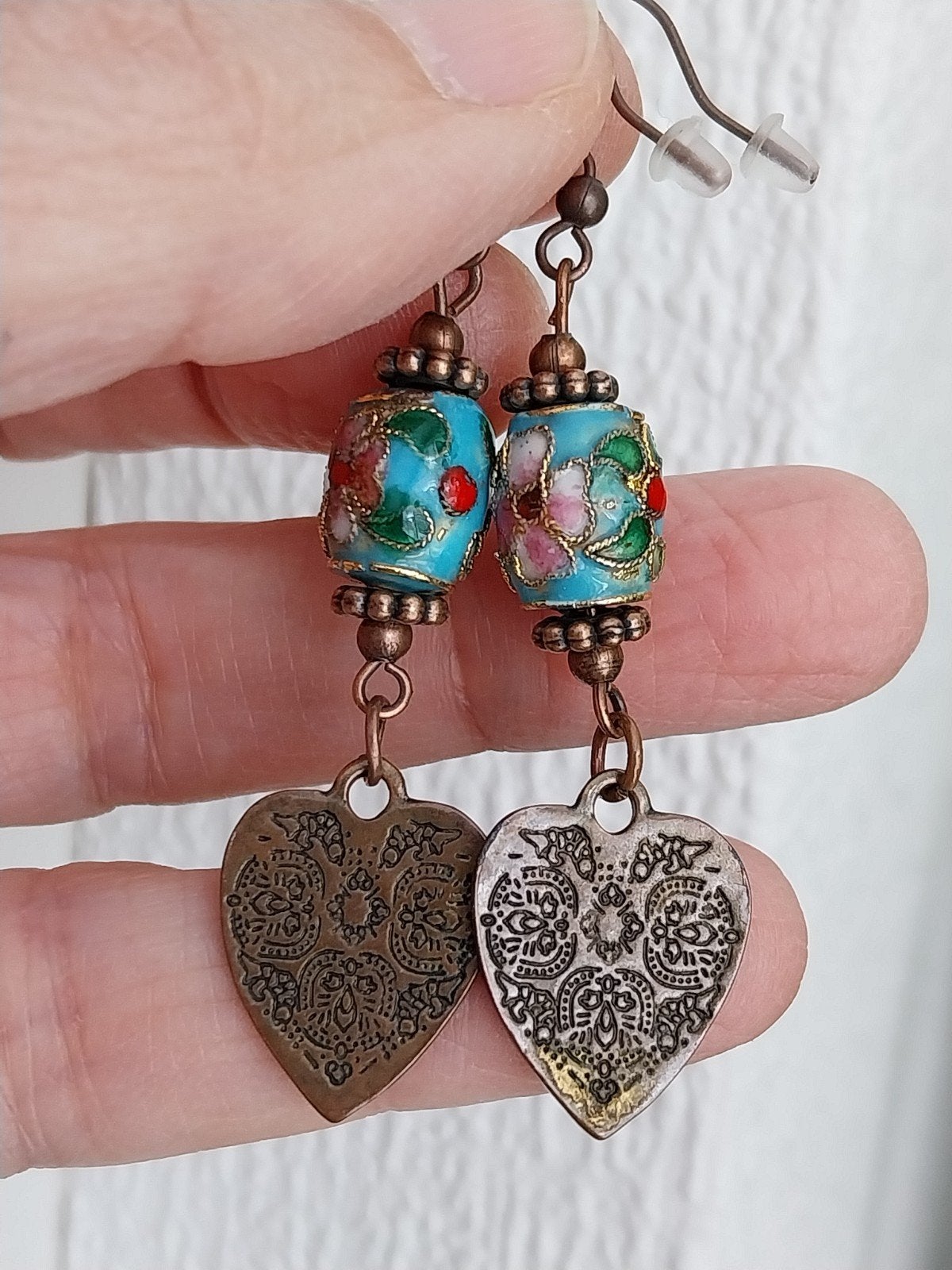 Blauwe Cloisonne oorbellen met hart #1436, Overige materialen, Hangers, Zo goed als nieuw, Verzenden