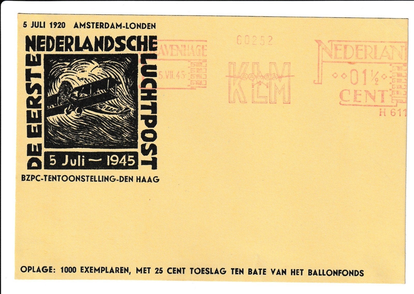 KLM luchtpost 1945 Amsterdam-Londen oplage 1000 st, Postzegels en Munten, Ophalen of Verzenden, Briefkaart