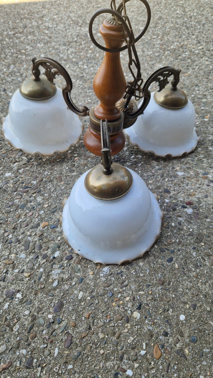 Vintage hanglamp met 3 armen, hout en messing, Ophalen of Verzenden, Hout