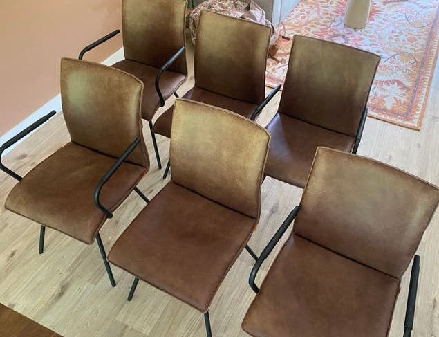 6 Enzo Luca eetkamerstoelen - bruin leer, Ophalen, Gebruikt, Bruin, Leer