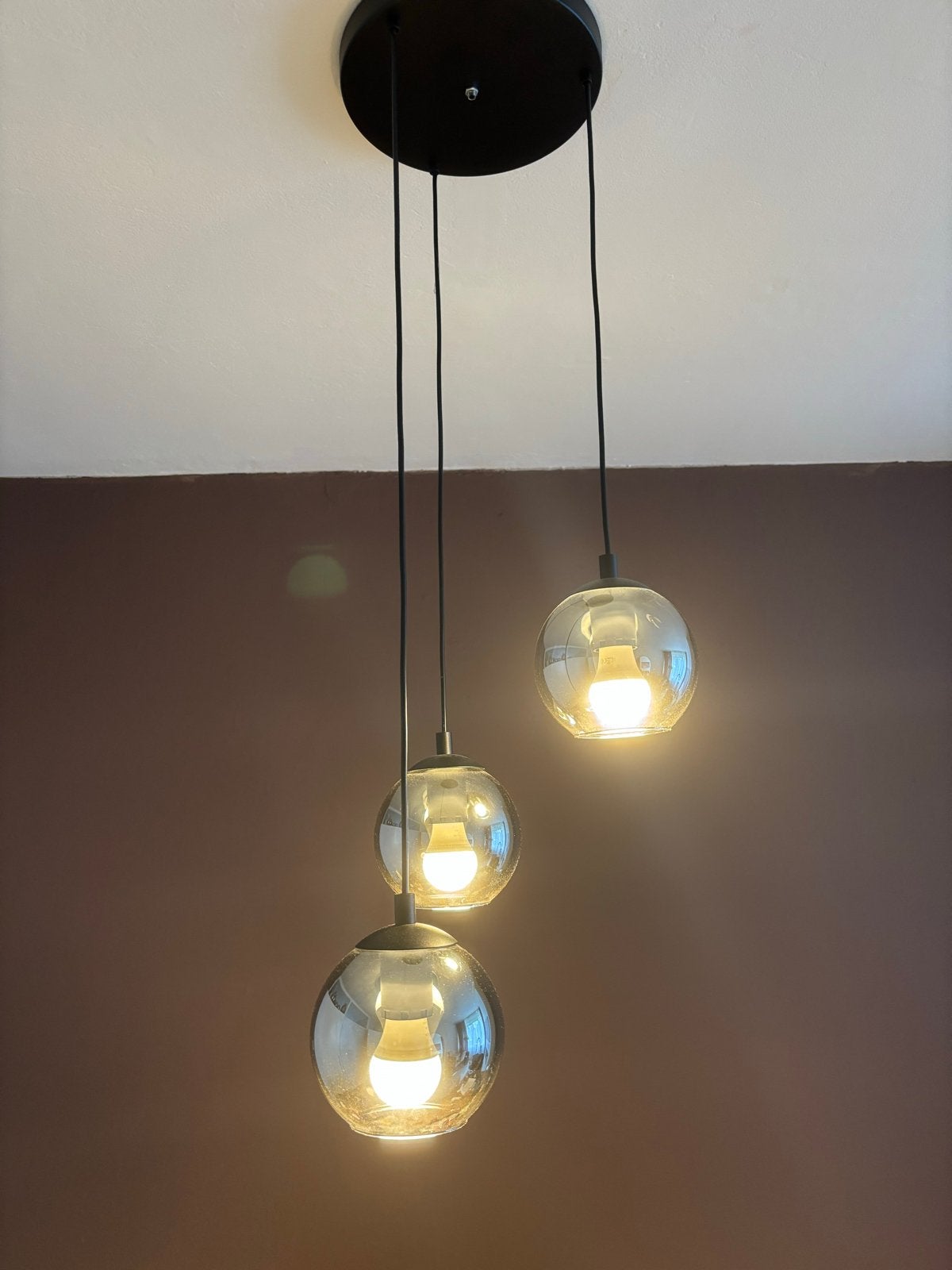 Hanglamp met 3 zilveren glazen bollen, Ophalen, Zo goed als nieuw, Glas
