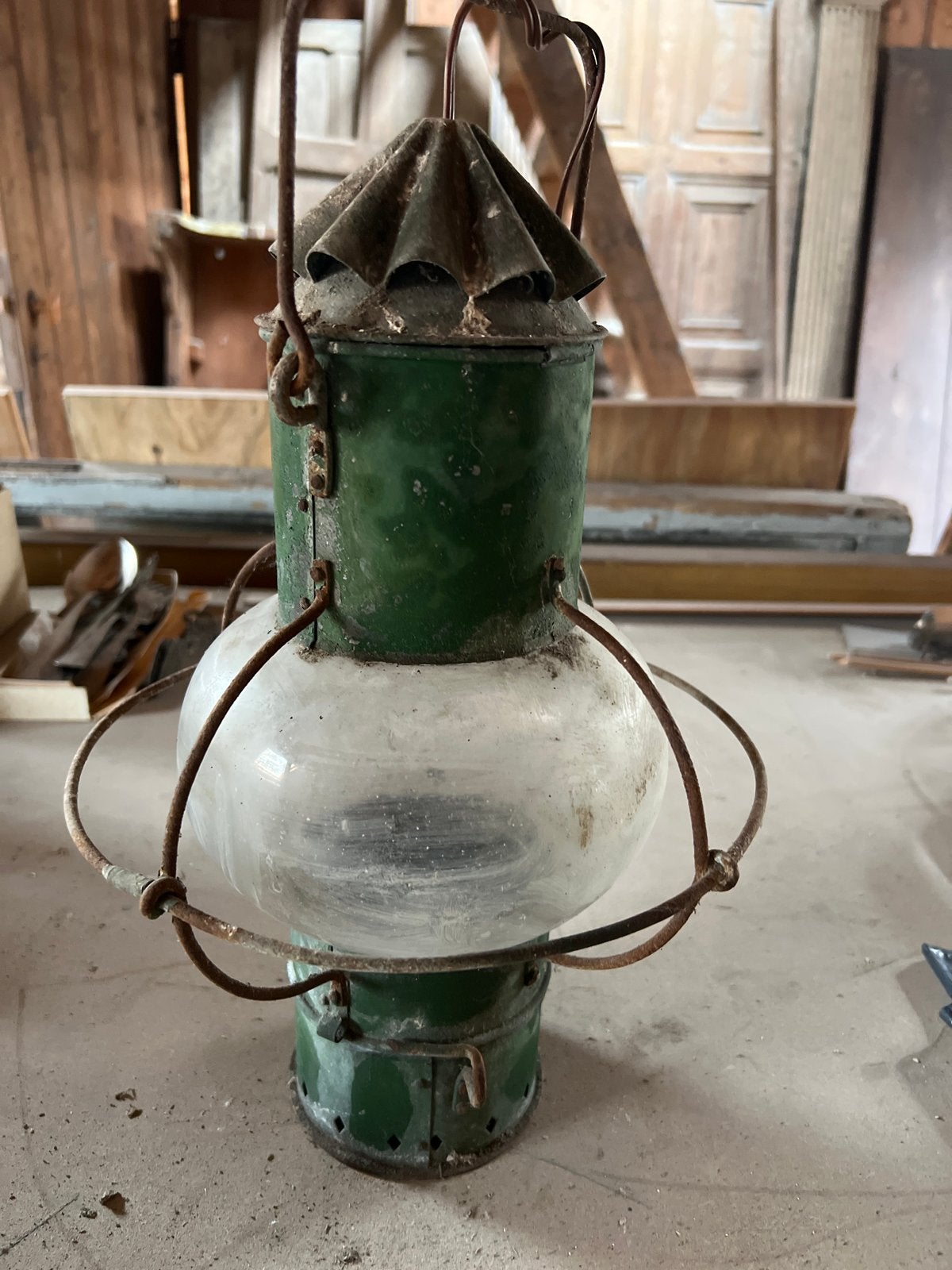 Antieke scheepslantaarn - groen metaal en glas, Antiek en Kunst, Antiek | Lampen, Ophalen of Verzenden
