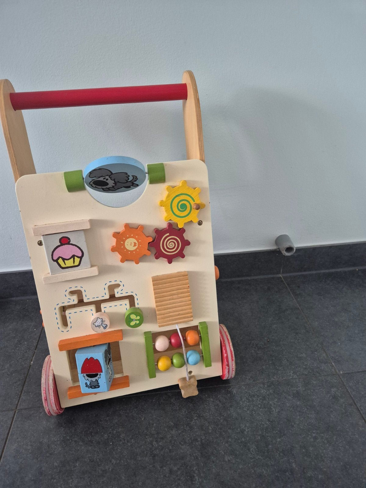Houten loopwagen met activiteitenbord Woezel en Pip, Ophalen, Gebruikt, Overige typen, Met wieltjes