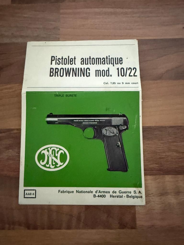 Handleiding FN pistool browning mod. 10/22, Ophalen of Verzenden, Landmacht, Overige gebieden, Boek of Tijdschrift