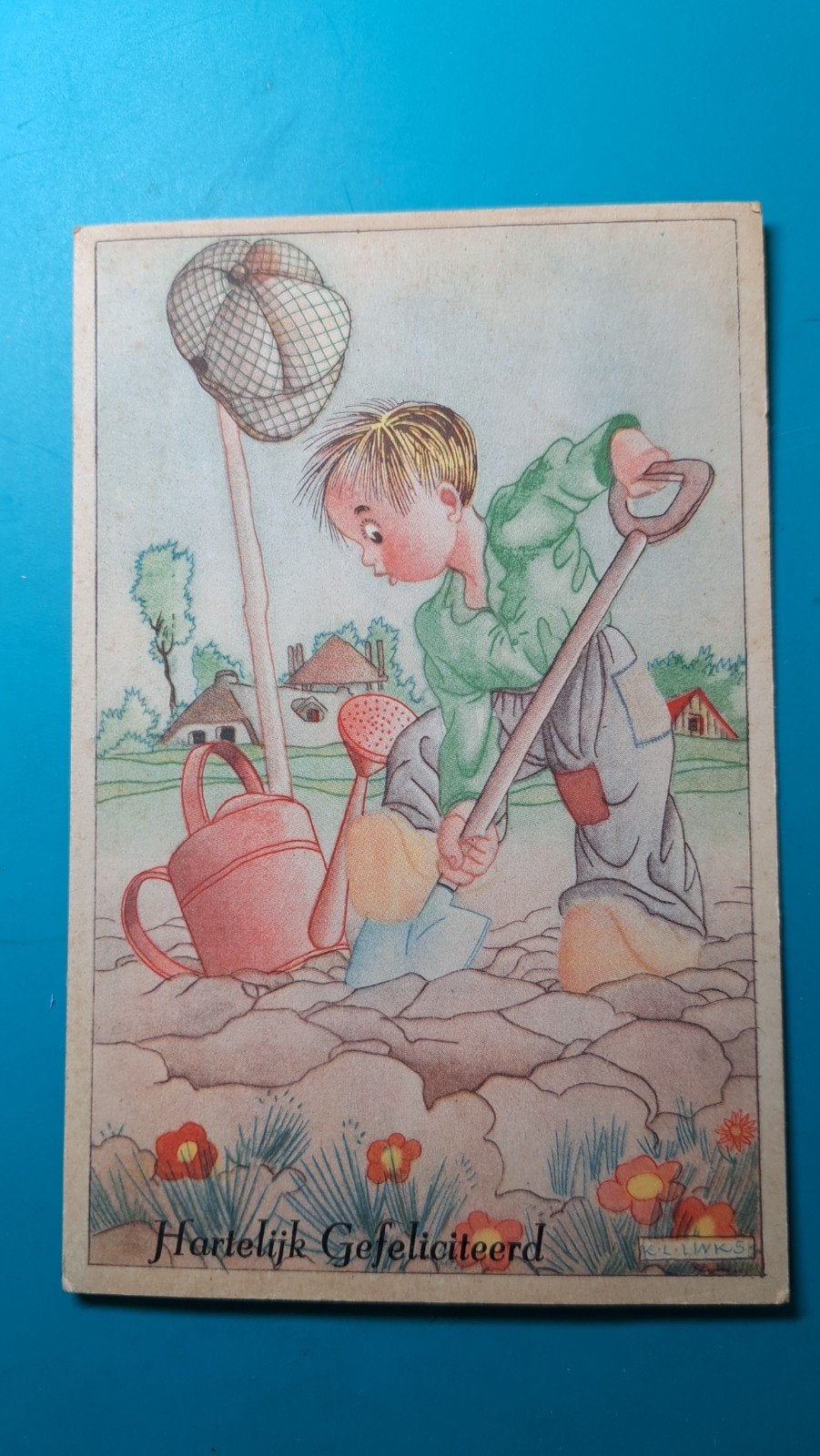 illustrator Karel Links 1946 - jongetje zandbak, Ophalen of Verzenden, 1940 tot 1960, Gelopen, Kinderen