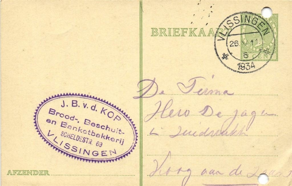 J.B. v.d. Kop, Vlissingen - 05.1934 - briefkaart, Postzegels en Munten, Ophalen of Verzenden, Briefkaart