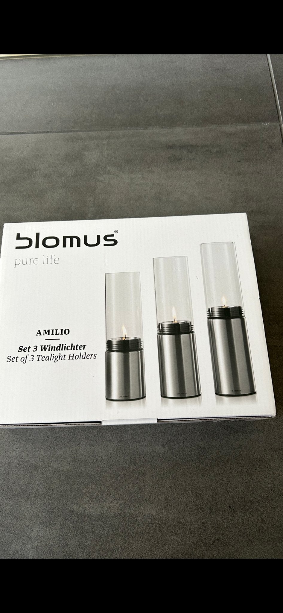 Blomus Amilio Set van 3 Windlichten / Theelichthouders, Nieuw, Ophalen of Verzenden, Metaal, Grijs