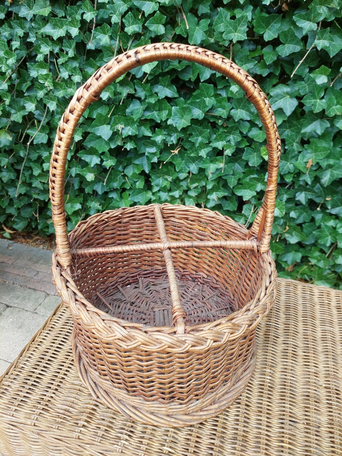 Vintage rieten flessenmand met handvat, Ophalen of Verzenden
