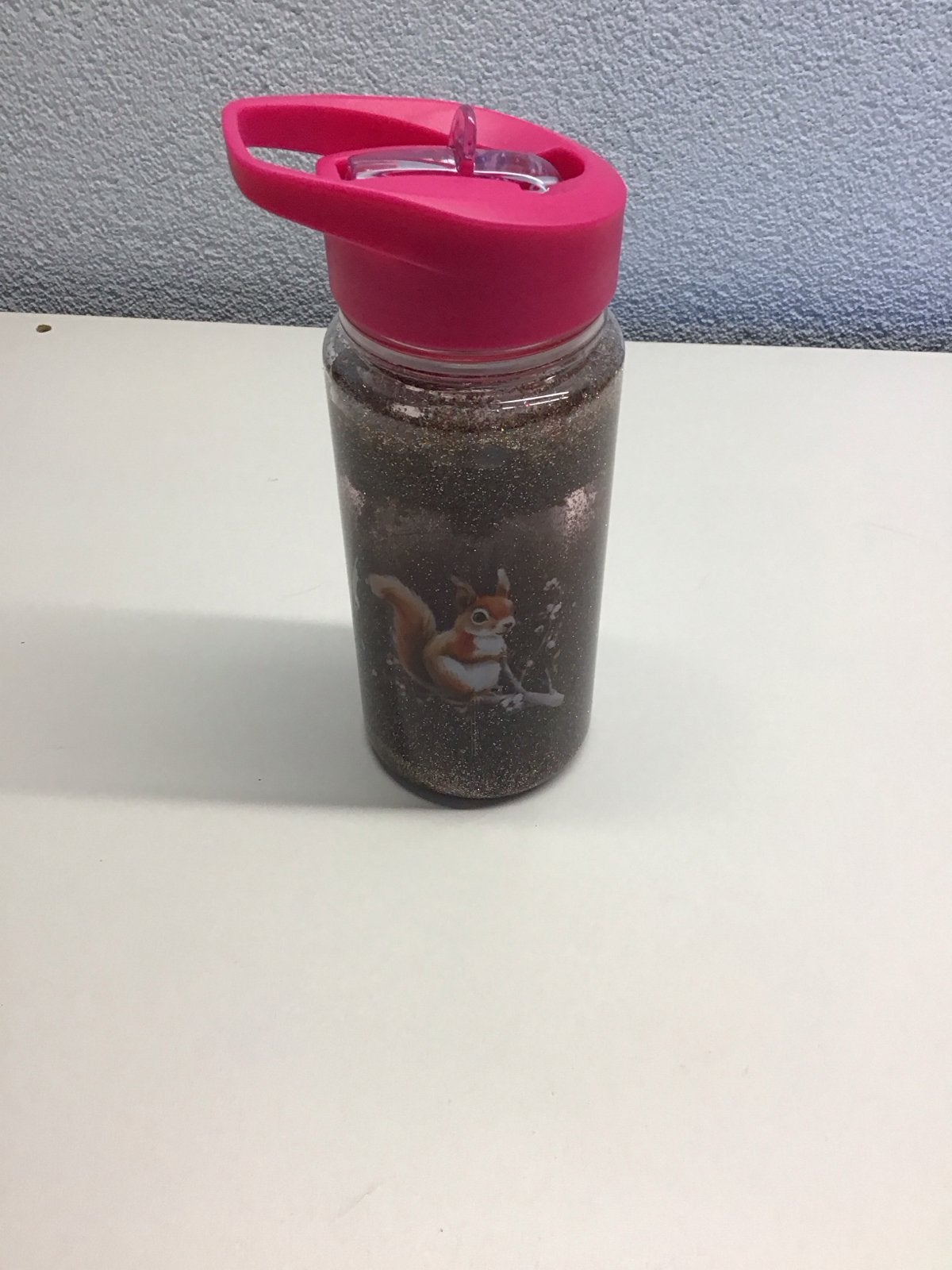Glitter drinkfles met eekhoorn print - Roze dop, Verzenden, Nieuw