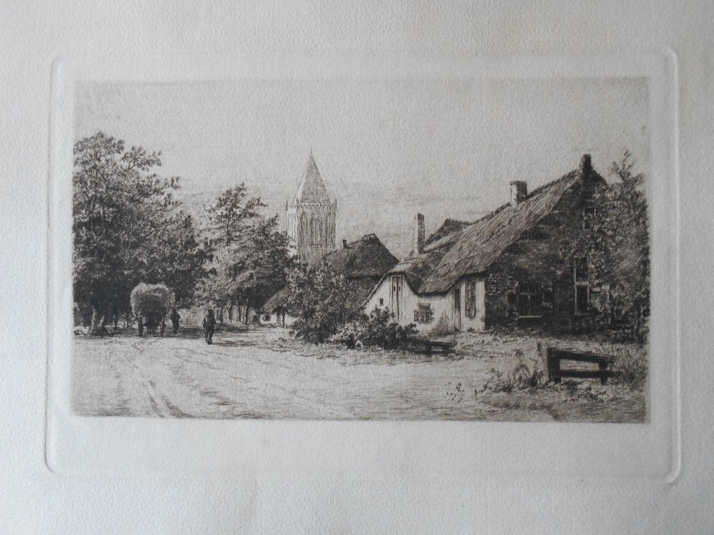 Ets J.G. Veldheer Laren Boerderijen met kerktoren (zeldzaam), Ets, Stadsgezicht, Ophalen of Verzenden, Blanco verso