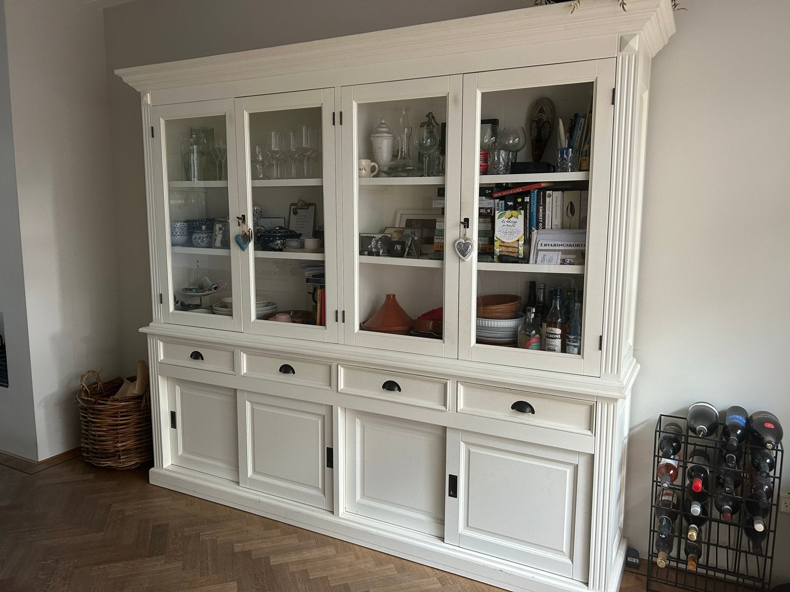 Grote witte buffetkast met glazen deuren en lades, Ophalen, Gebruikt, 200 cm of meer, Met lade(s)