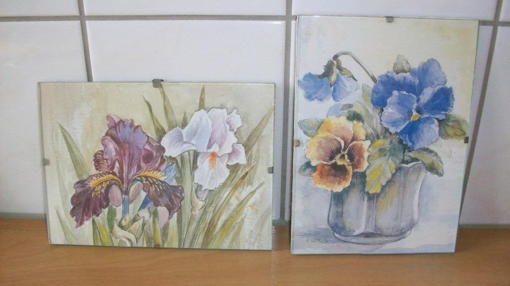 Set van 2 bloemen schilderijen: Irissen en Viooltjes, Minder dan 50 cm, Nieuw, Ophalen of Verzenden, Print