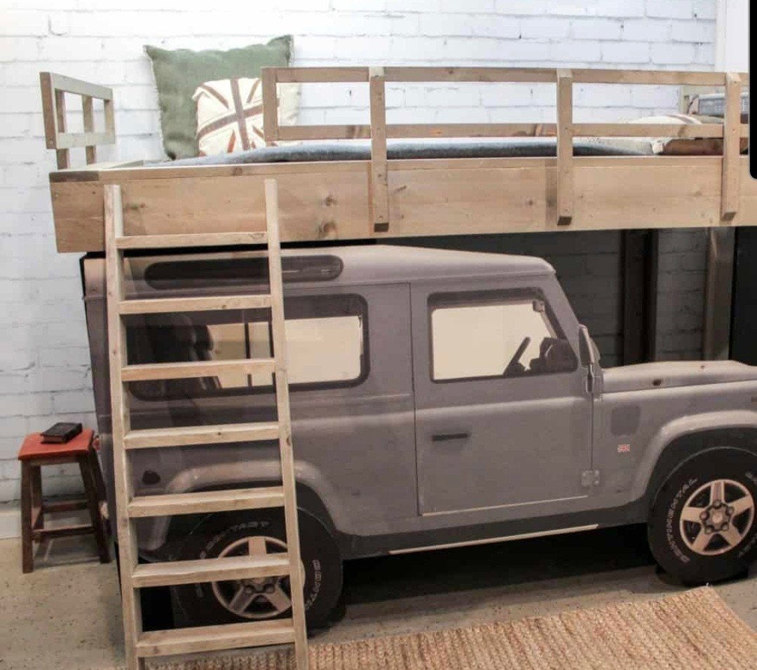 Steigerhouten autobed stapelbed, Ophalen, Gebruikt, 90 cm, Tweepersoons