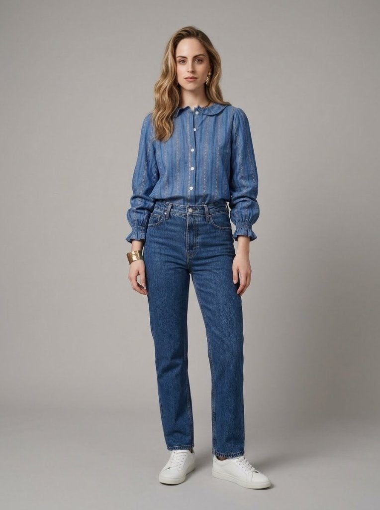 Denim spijker blouse top boho hippie chic M / L ronde kraag, InApril1986, Blauw, Maat 42/44 (L), Nieuw