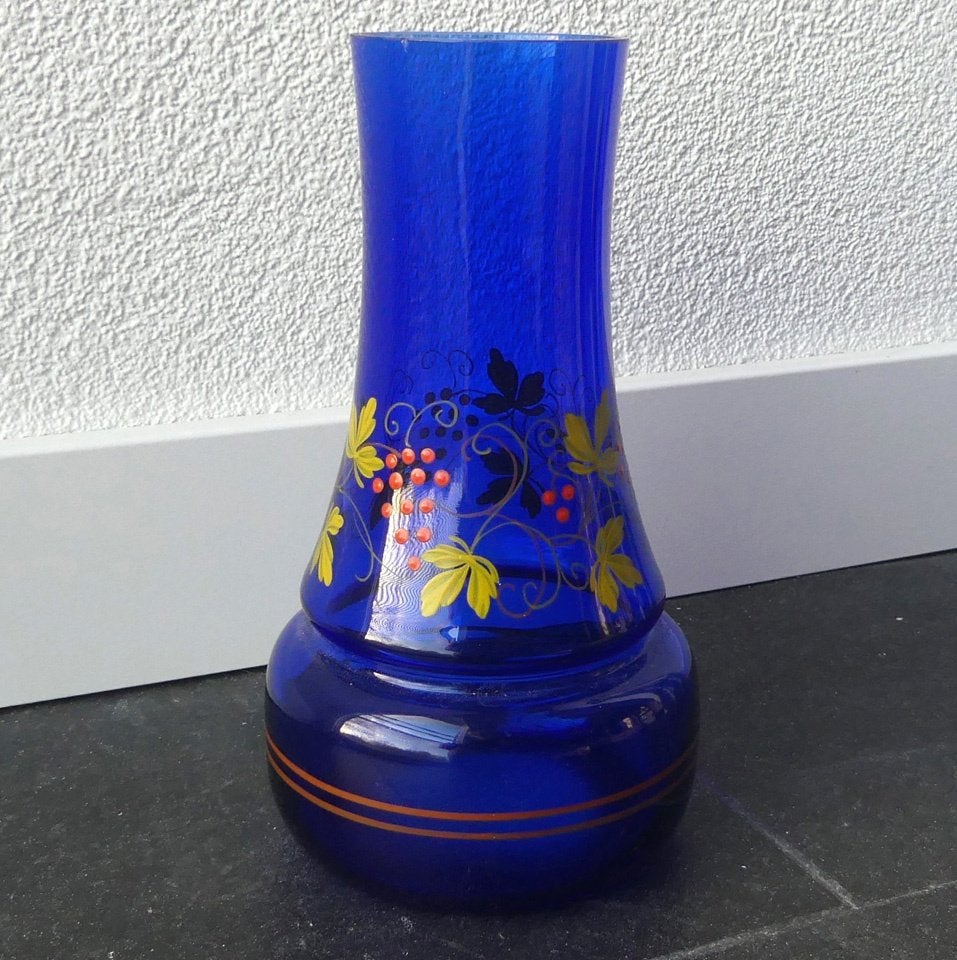 Vintage glazen vaas glas blauw wijnrank druiven decor, Ophalen of Verzenden, Gebruikt, Blauw, Glas