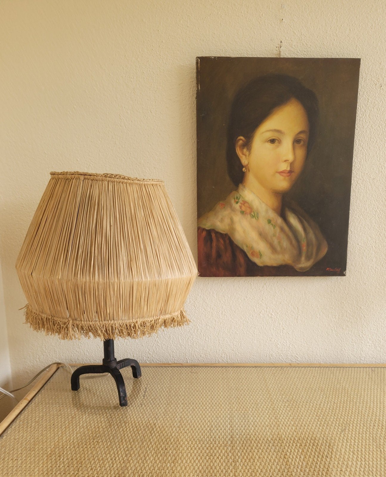 vintage design Franse lamp riet rotan ijzer brutalist, Verzenden, Gebruikt