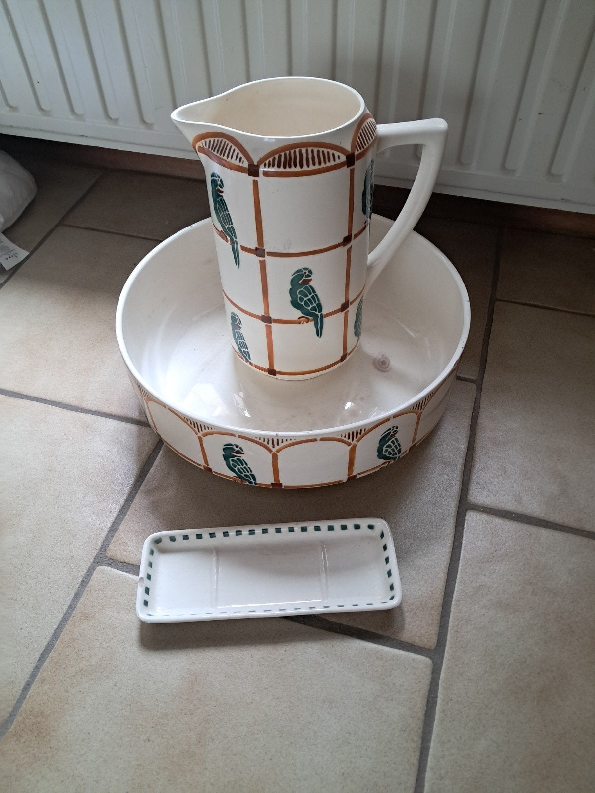 Vintage Wasstel met Papegaaien Decor - Kan, Kom en Zeepbakje, Antiek en Kunst, Ophalen