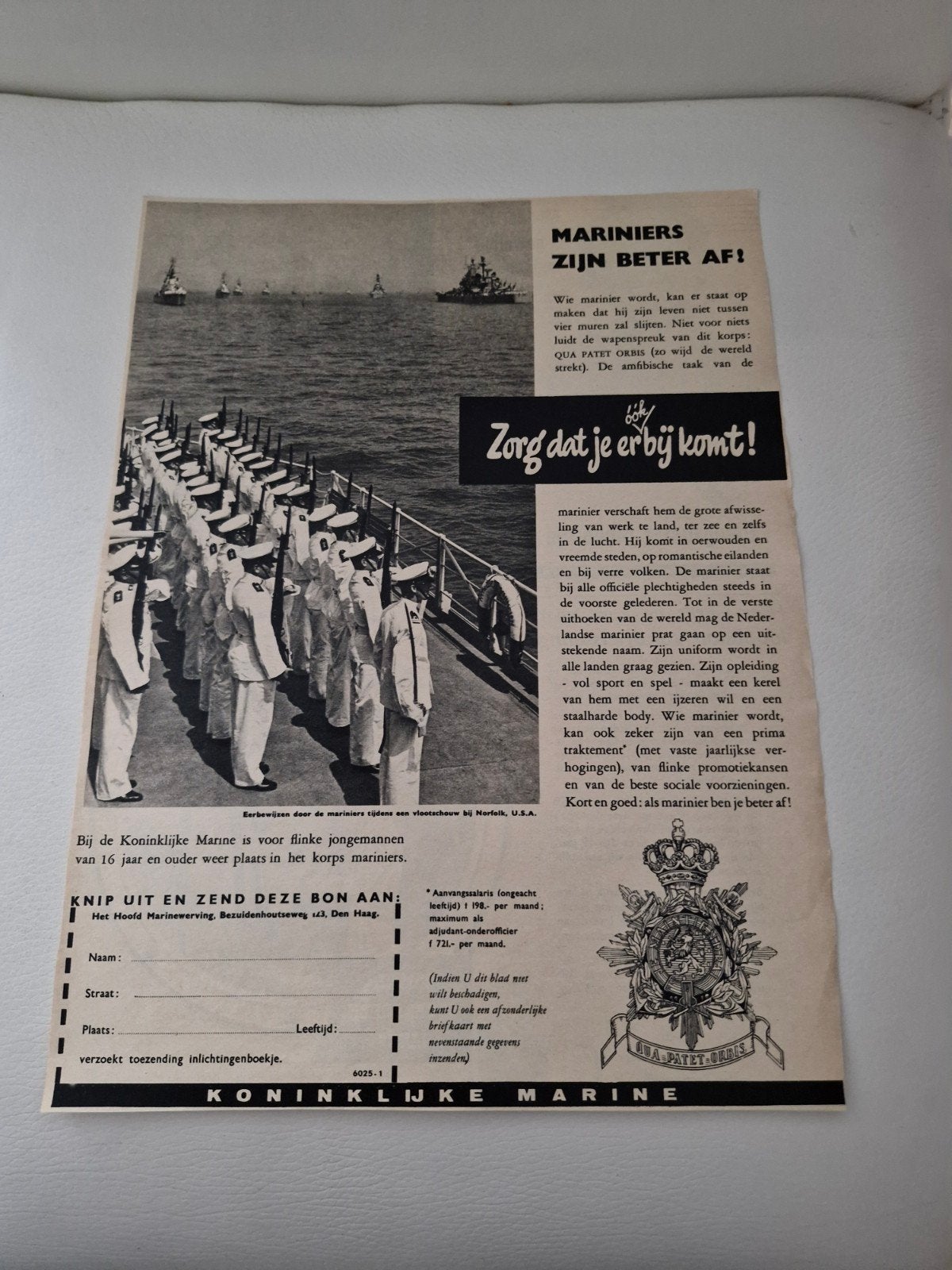 Historische Advertentie Koninklijke Marine Mariniers, Ophalen of Verzenden, Marine, Nederland, Foto of Poster