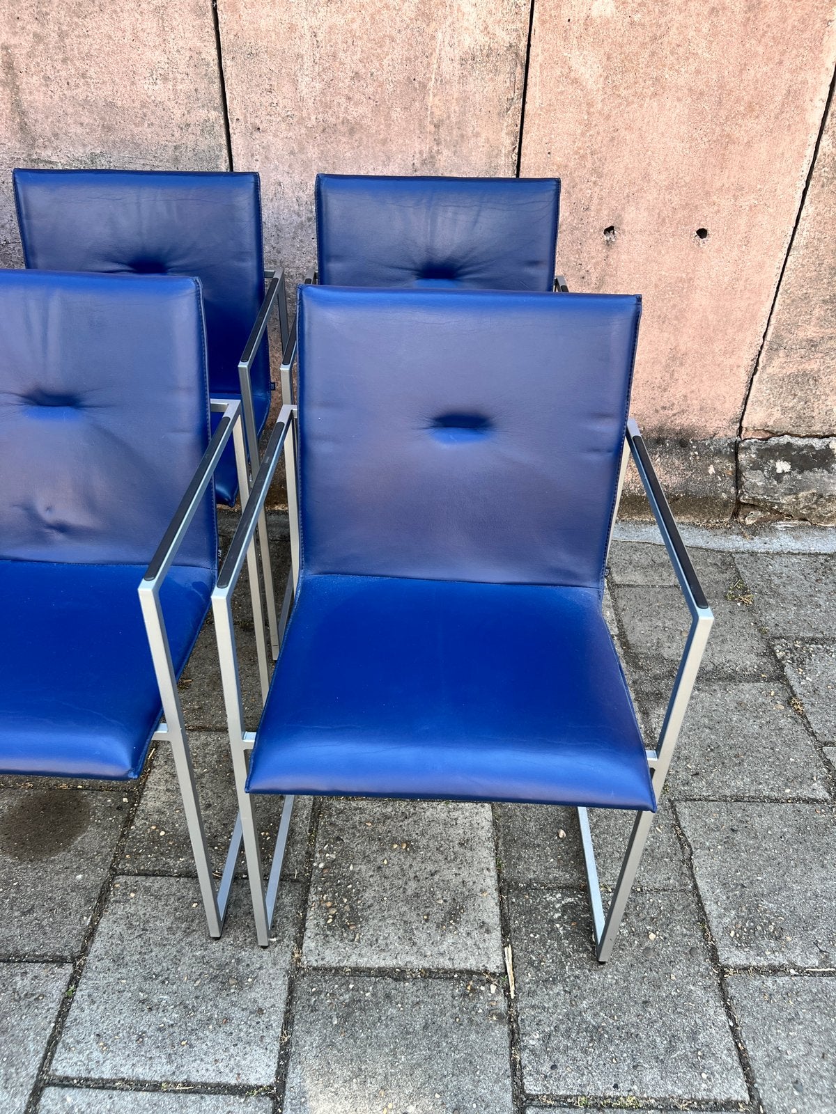 8 stuks Arco Frame eetkamer stoelen / blauw leer / design, Huis en Inrichting, Stoelen, Gebruikt, Blauw, Onbekend, Leer