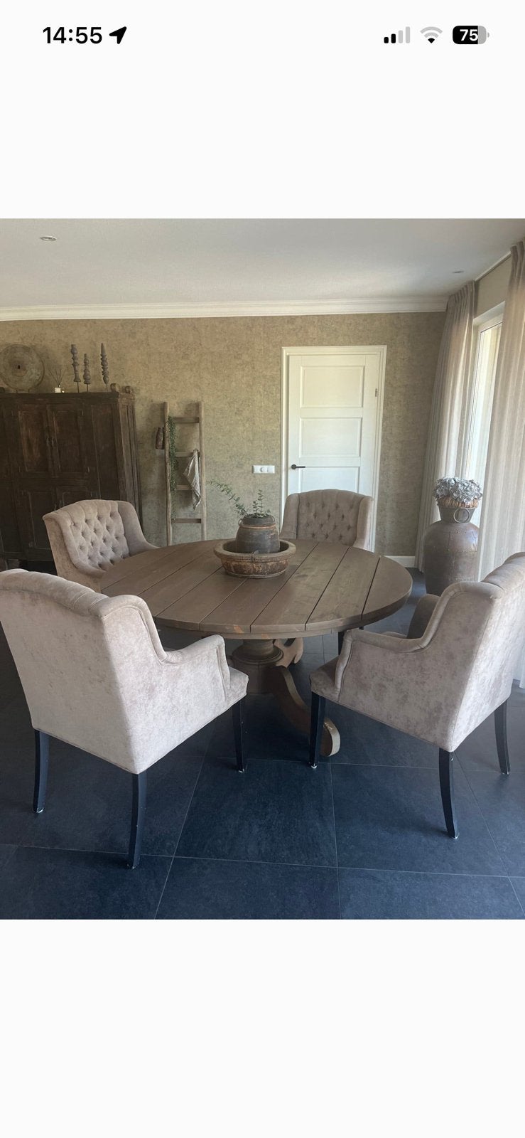 Ronde eettafel 160 stoer en sober hoffz stijl, Ophalen, Zo goed als nieuw, Rond, 150 tot 200 cm