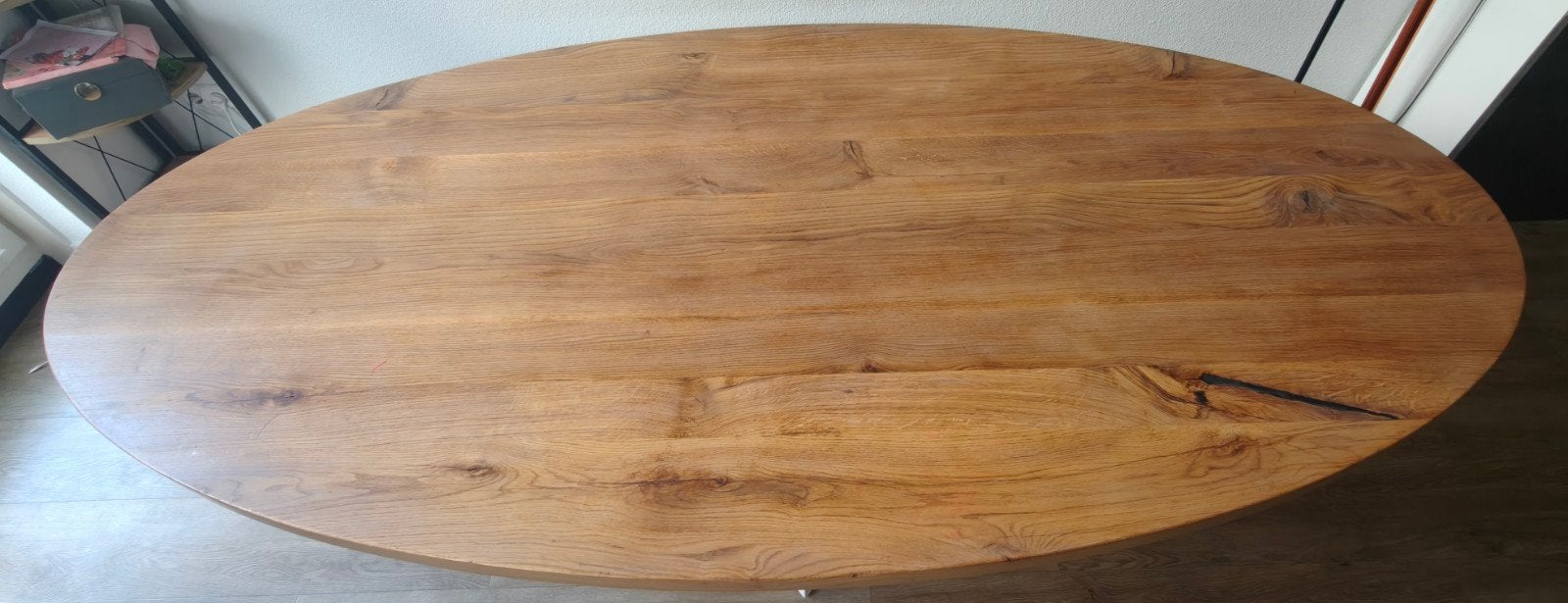 Ovale eiken eettafel 110 x 220 met stalen onderstel, Gebruikt, 100 tot 150 cm, Eikenhout, 200 cm of meer
