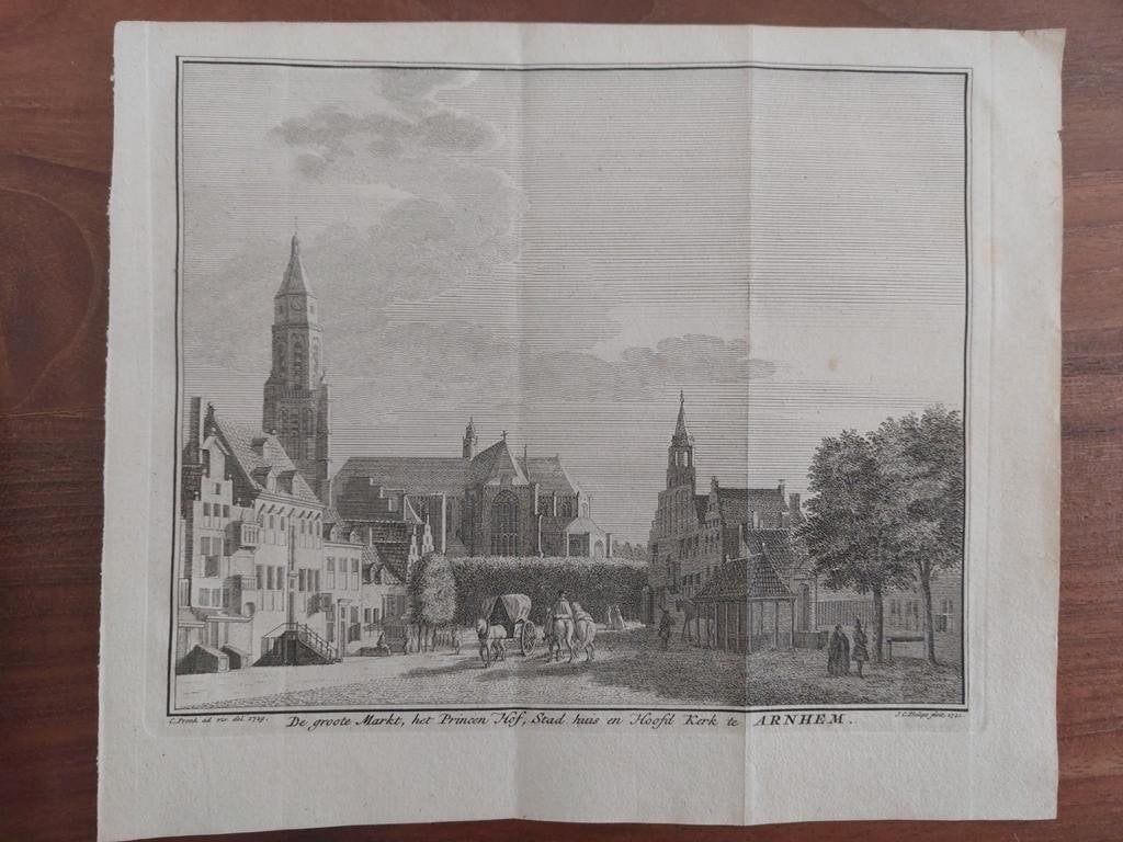 4 / Prinsenhof Markt stadhuis Arnhem - gravure uit 1741, Ophalen of Verzenden