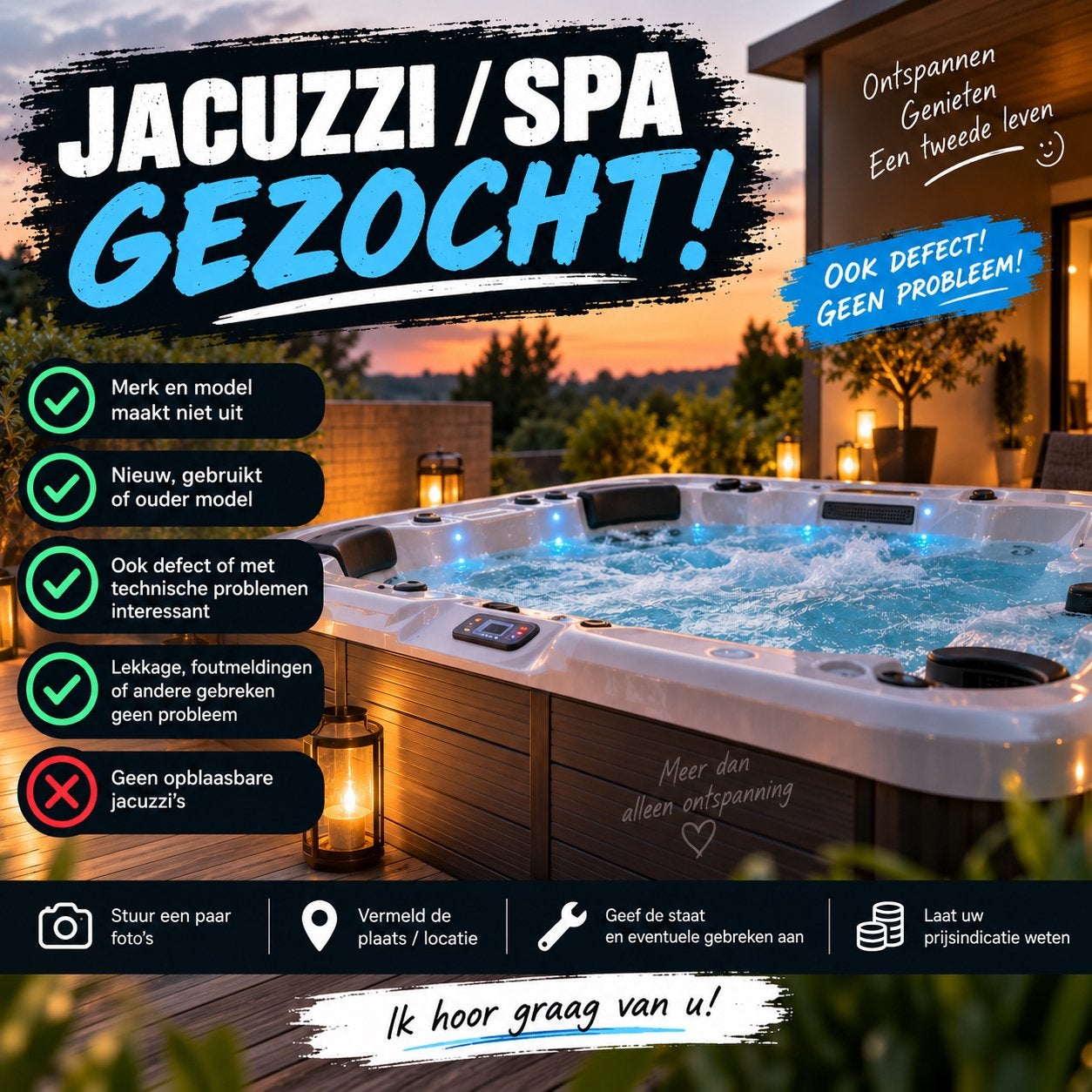Jacuzzi / Spa gezocht – ook defect of reparatie nodig, Tuin en Terras, Bubbelbaden en Hottubs, Ophalen, Filter, Gebruikt, Inbouw