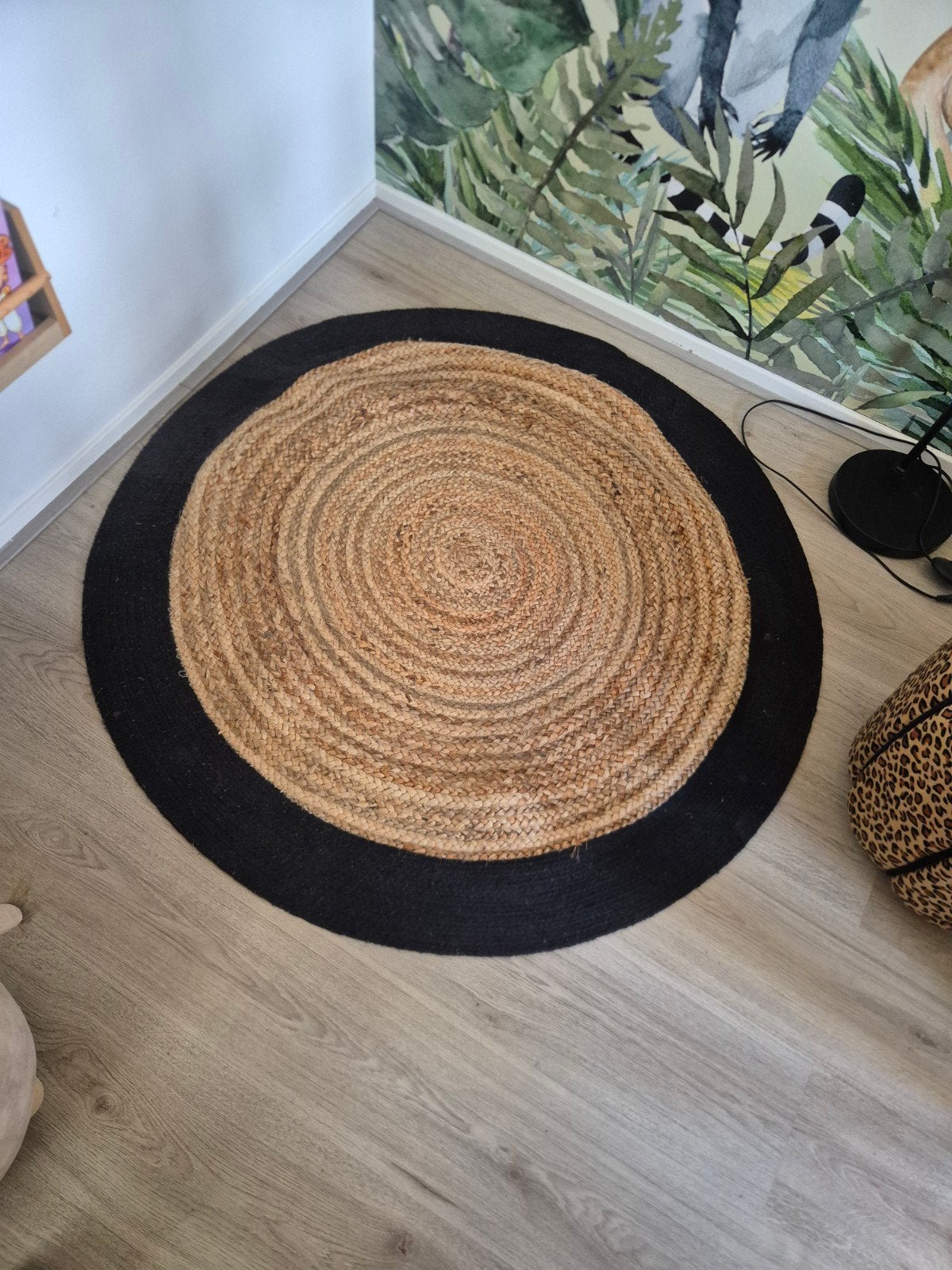 Rond jute vloerkleed met zwarte rand, Ophalen, Gebruikt, Rond, Bruin