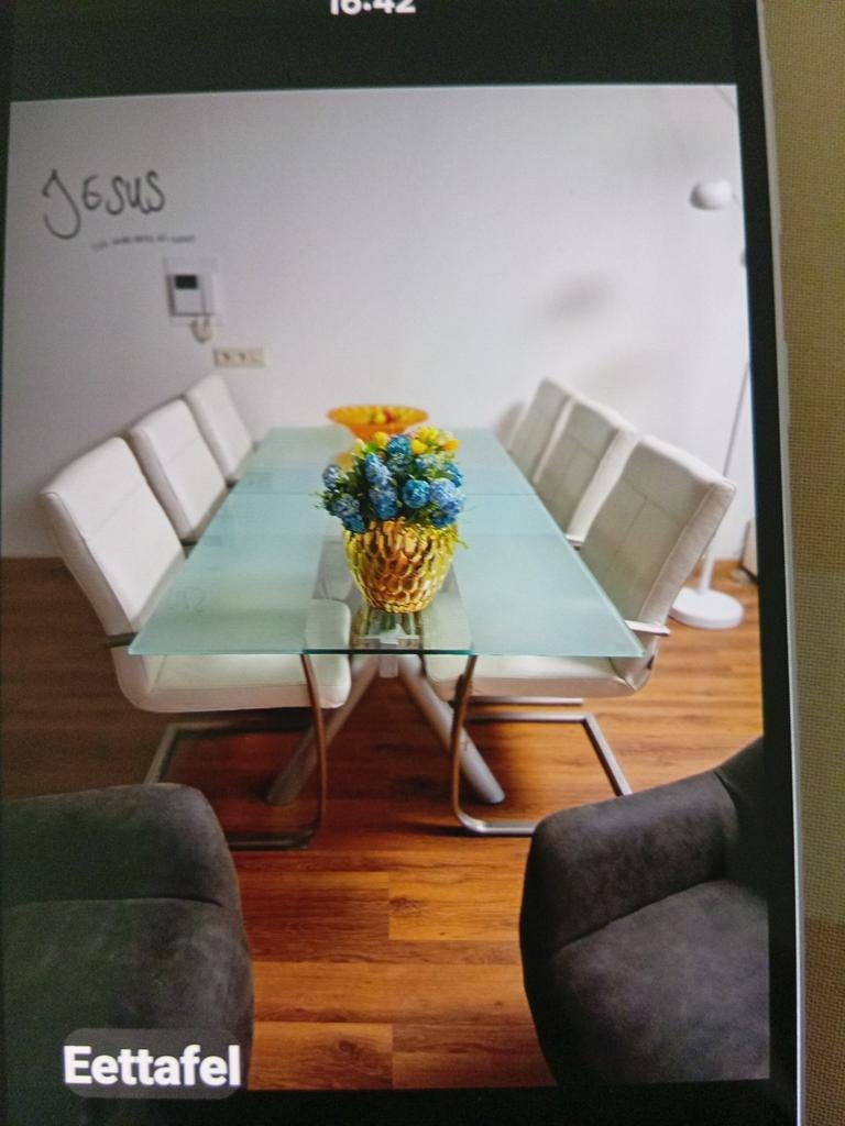 Glazen eettafel met metalen onderstel inc:6 H&H stoelen leer, Gebruikt, Ophalen of Verzenden, Vijf personen of meer, 200 cm of meer