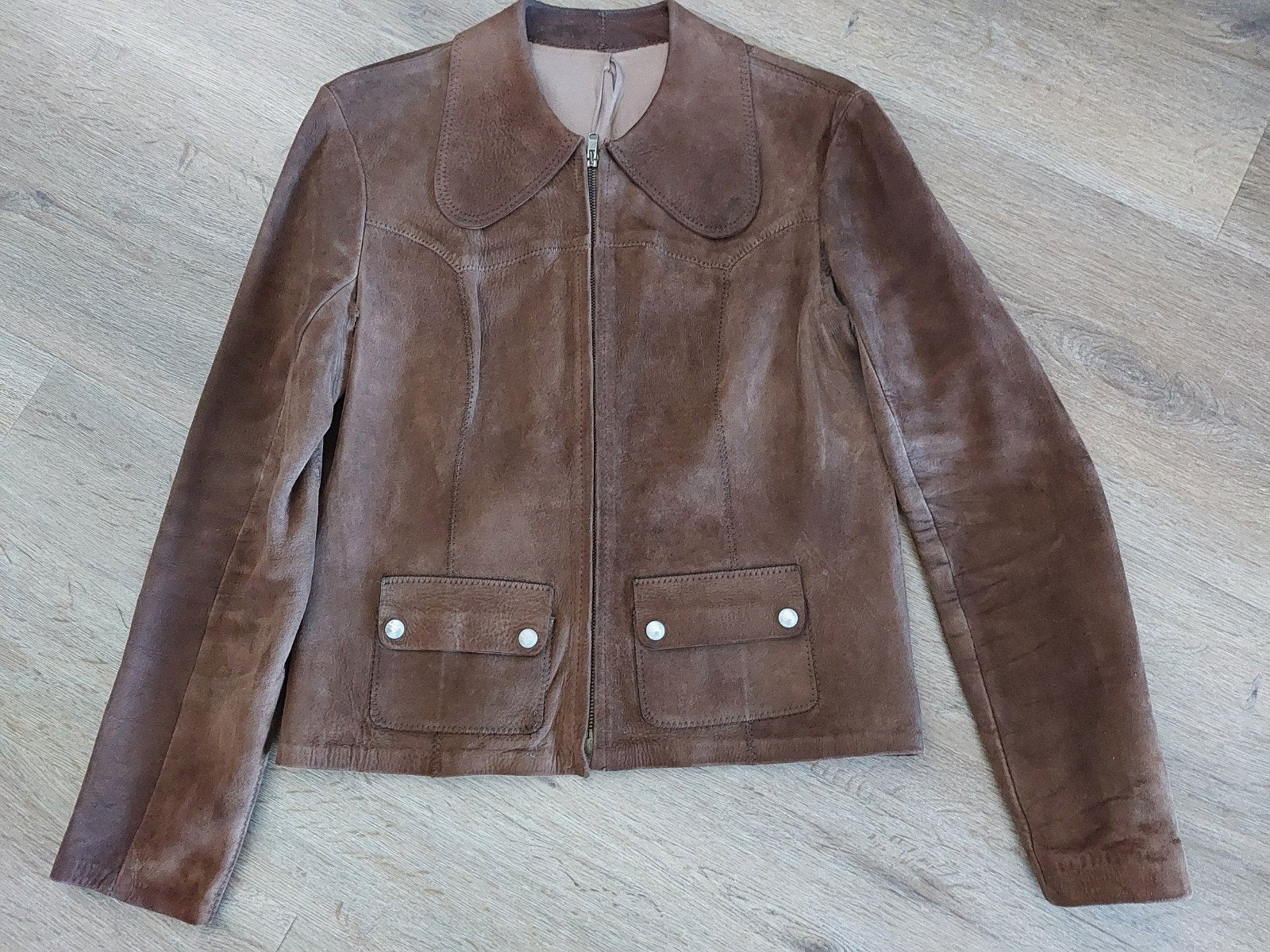 Handgemaakt kort suède vintage jasje, Bruin, Ophalen of Verzenden, Jasje, Maat 36 (S)