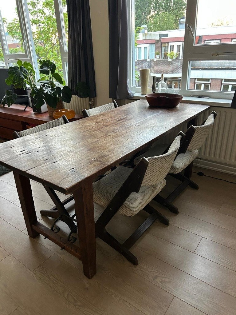 4x Vintage design eetkamerstoelen met Z-poot, donker hout, Huis en Inrichting, Ophalen, Bruin, Zo goed als nieuw, Vier