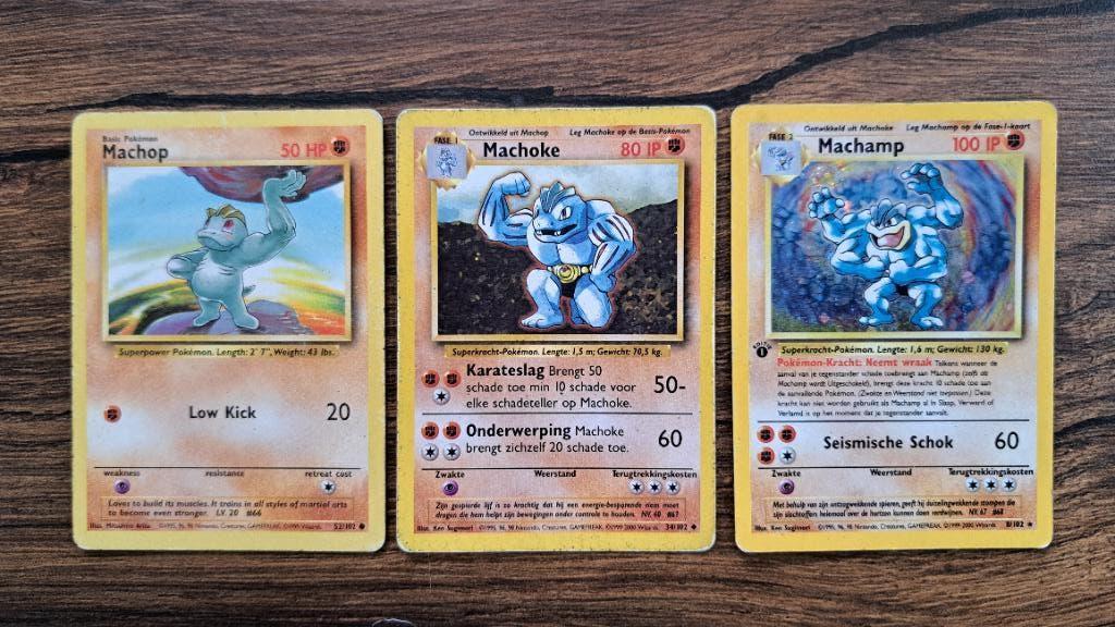 Machop, Machoke & Machamp uit base set, Ophalen of Verzenden, Gebruikt, Meerdere kaarten