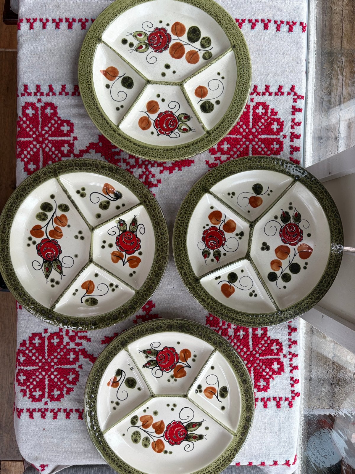 Set van 4 vintage fondue borden met bloemmotief, Ophalen of Verzenden