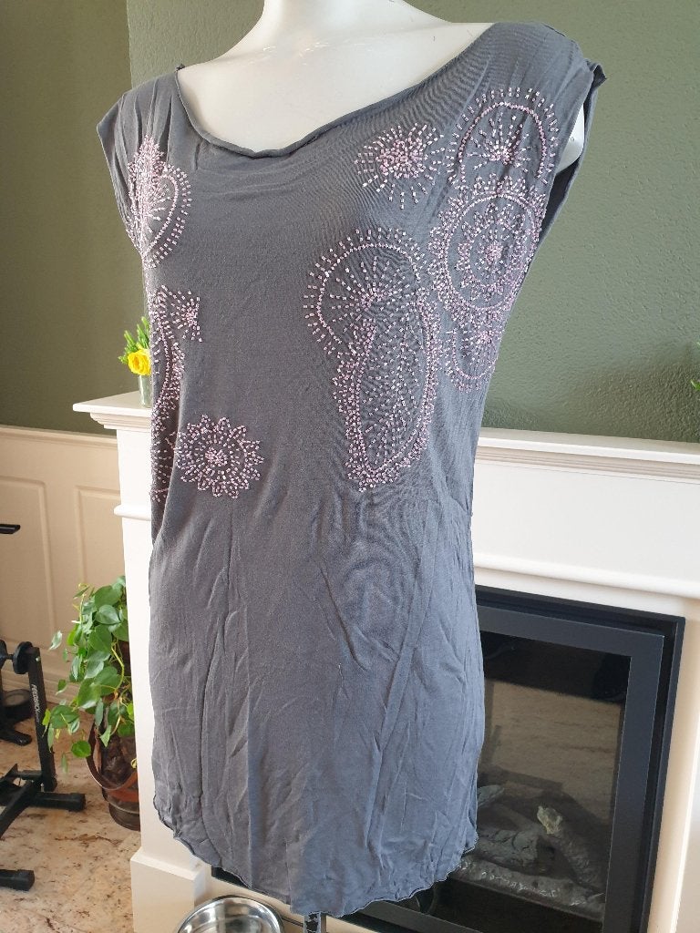 Antik Batik mooie grijs roze kralen top shirt M 40, Maat 38/40 (M), Verzenden, Zo goed als nieuw, Zonder mouw