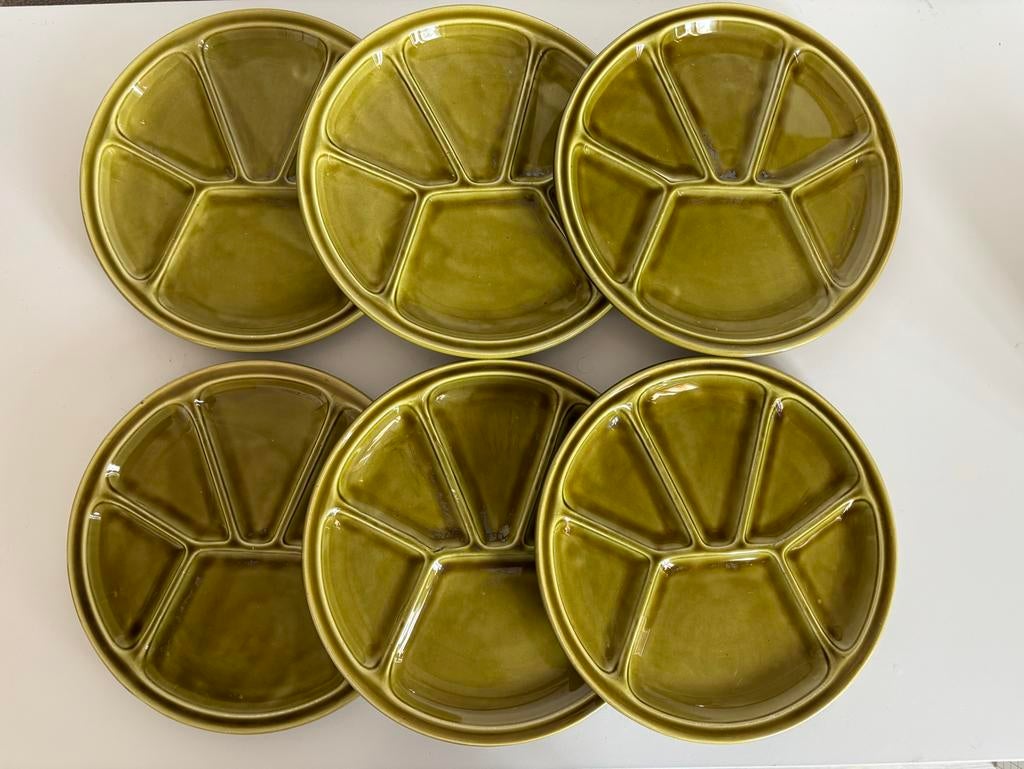 Vintage Fondueborden GIEN France - Groen, Huis en Inrichting, Keuken | Servies, Gebruikt, Ophalen of Verzenden, Bord(en), Overige stijlen