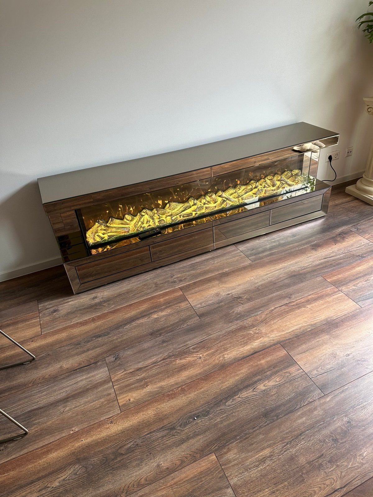 Tv meubel met sfeerhaard hard 200 cm in het zwart en sepia k, 150 tot 200 cm, Nieuw, Ophalen of Verzenden, Minder dan 100 cm